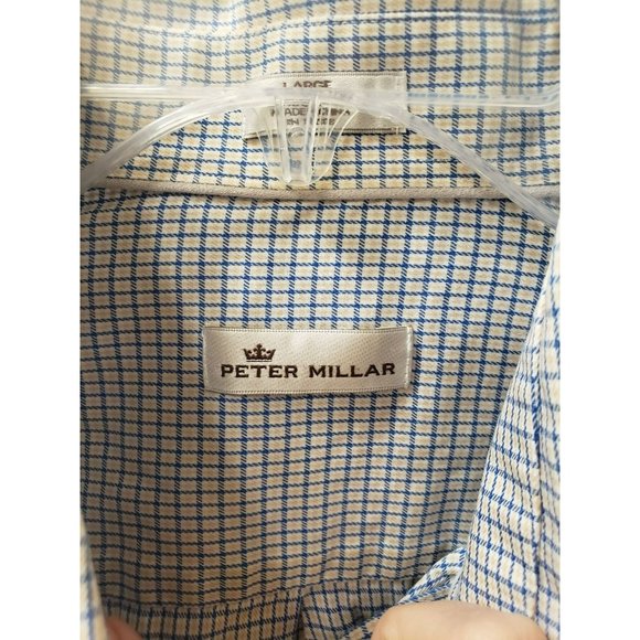 Peter Millar Button Up Shirt, Men's Large, Long Sleeve, Blue Gold Plaid, Cotton - Picture 5 of 9